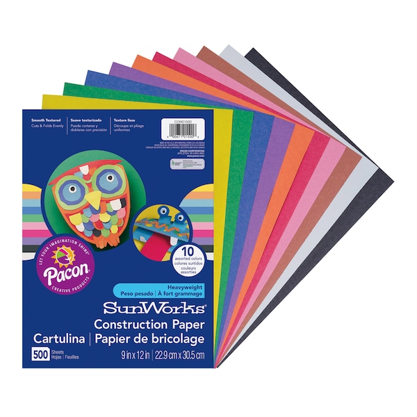 Construction Paper, 10 Assorted Colors, 9in x 12in, PK500